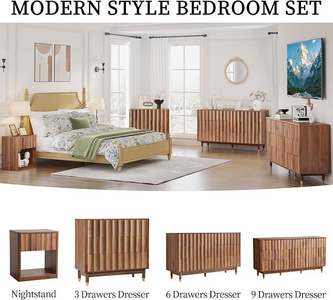 Bifins Fluted Dresser for Bedroom with 9 Drawers, 60" Wide Mid Century Modern Chest of Storage Drawers, Large Wood TV Dresser for Bedroom Living Room - Image 9