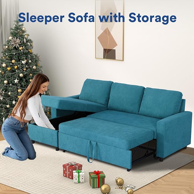 Rovibek 83" Convertible Sofa Bed Couch with Storage - 4 in 1 L Shaped Sofa with Pull Out Couch Bed for Living Room, Apartment, Office, Small Spaces, Cyan