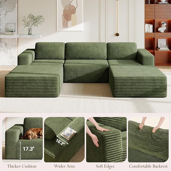 Vesgantti 119" Oversized U-Shaped Modular Sectional Sofa, Corduroy Cloud Couch with Deep Seating & Spring Support, Convertible Sofa with 2 Ottomans, Boneless Couch, No Assembly Required, Green