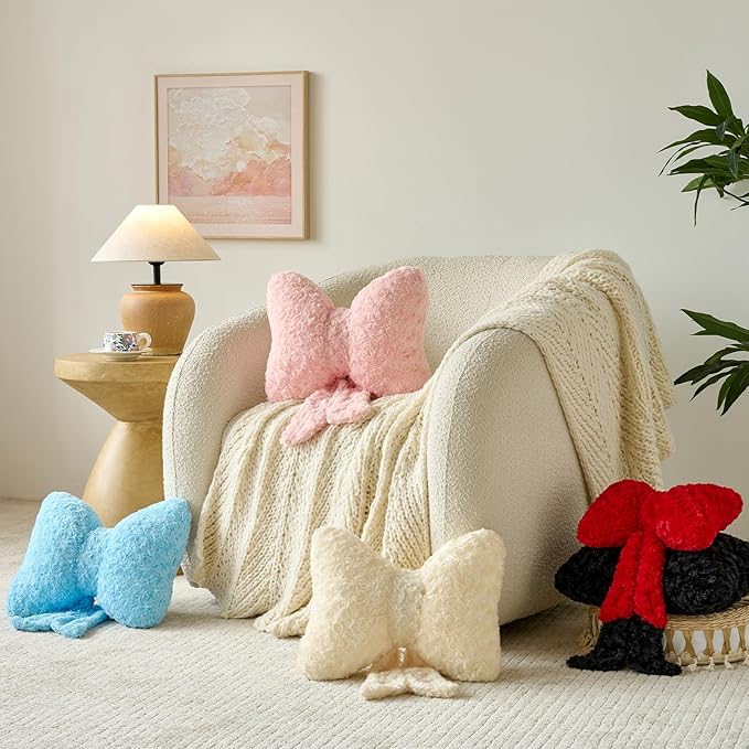 Bow Pillow, Decorative Bow Pillows with Soft Plush for Couch Bed, Bow Shaped Throw Pillow Room Decor for Bedroom, Bow Decorative Pillow for Living Room (Blue, Small-12 Inches)