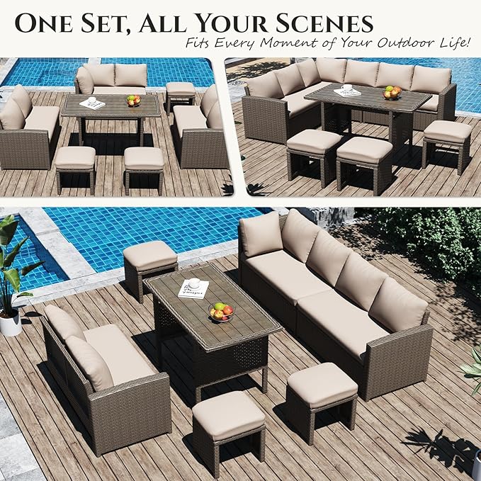 U-MAX 7 Pieces Patio Furniture Set with 43" Fire Pit Table, Outdoor Sectional Sofa Conversation Set, All Weather Wicker Rattan Dining Table & Chair with Ottoman, Brown Rattan&Khaki Cushion