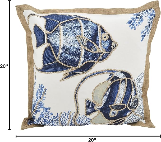SARO LIFESTYLE Neptunian Coastal Throw Pillow – 20” x 20”, Woven Cotton Cover with Jute Trim, Zipper Closure, Down & Feather Insert – Fish, Navy Blue