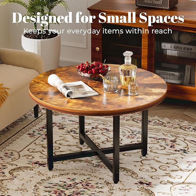 Round Coffee Table, Small Coffee Tables for Living Room, Wood Coffee Table with Metal Frame, Floor Table Desk for Sitting on The Floor, Home, Office, Farmhouse, Rustic Brown (23.6"D x 17.7"H)