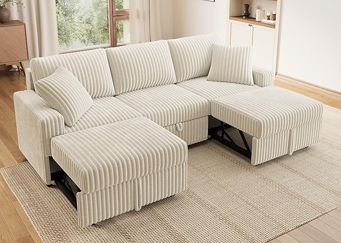 HONBAY 94.5 Inch Sectional Sofa, Modular L & U Shaped Pull Out Couch with Adjustable Backrest & Storage, Velvet White