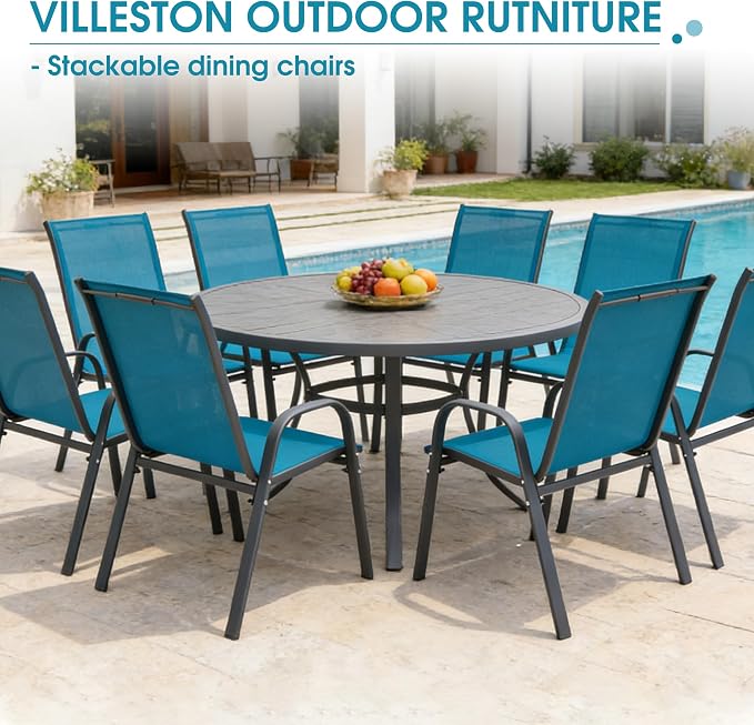 Outdoor Stackable Chairs Set of 8, Stacking Patio Chairs with Textilene Fabric, Outside Furniture for Garden Backyard Balconie Poolside Deck, Blue - Image 8
