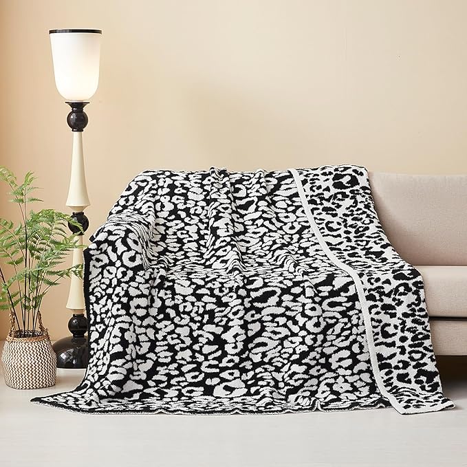 MH MYLUNE HOME Ultra Soft Leopard Throw Blanket (50x60 inches) Microfiber Blanket Plush Warm Reversible Cheetah Blanket Leopard Pattern Throw for Couch Bed Sofa - Black and White, 50"x60"