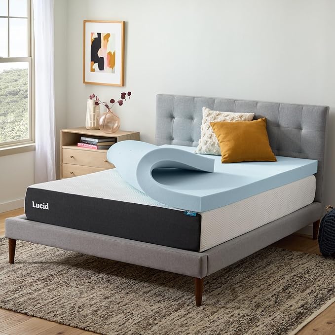 Lucid 4 Inch Memory Foam Mattress Topper, Twin XL Size – Cooling Gel Bed Topper – Preassure-Relieving Ultra Plush Feel – Ventilated Breathable Design – CertiPur Certified - Dorm Room Essentials