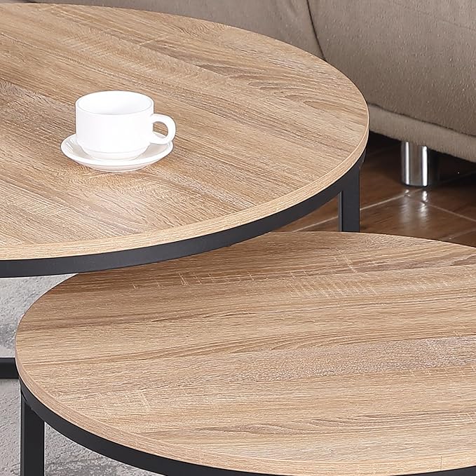 CENSI Round Nesting Coffee Table Set of 2, 31.5" Natural Oak Wood & Metal Frame, Modern Industrial Stacking Center Tables for Living Room, Scandi Boho Decor, Sturdy Circle Accent Furniture