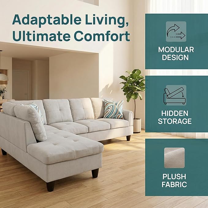 NicBex Modular L-Shaped Sectional Couches, 3-Piece Convertible Couch with Storage Ottoman, 4-Seat Comfy Sofa with Chaise for Living Room & Apartment, Grey White