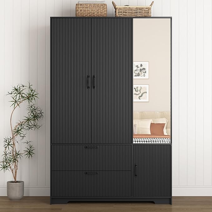 3 Doors Armoire Wardrobe Closet with Mirror Door,Fluted Black Storage Cabinet for Hanging Clothes,Bedroom Large Capacity Freestanding Armoire with Hanging Rod, Adjustable Shelves,and Hooks