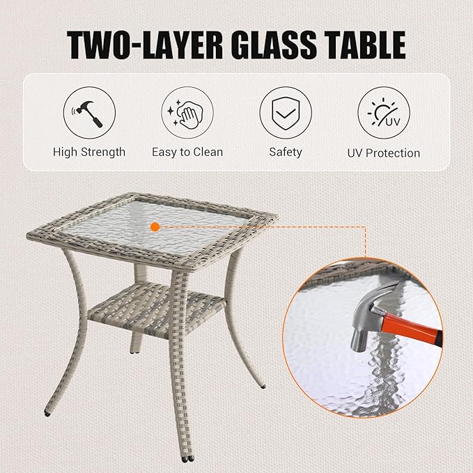 7Pcs Patio Rocking Swivel Chair with 55,000 BTU Fire Pit Table Outdoor Wicker Rattan Bistro Set with Tempered Glass Side Table, Outdoor Patio Furniture Set for Garden and Balcony, Beige