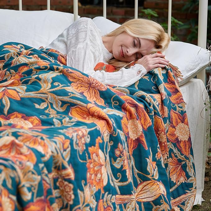 Boho Throw Blanket - 100% Cotton Ultra Soft Muslin Blanket, 60"x80" Lightweight Floral Bird Framhouse Bedding Spring Blanket for Bed, All Season Blue Bohemian Bedroom Home Decor Quilt