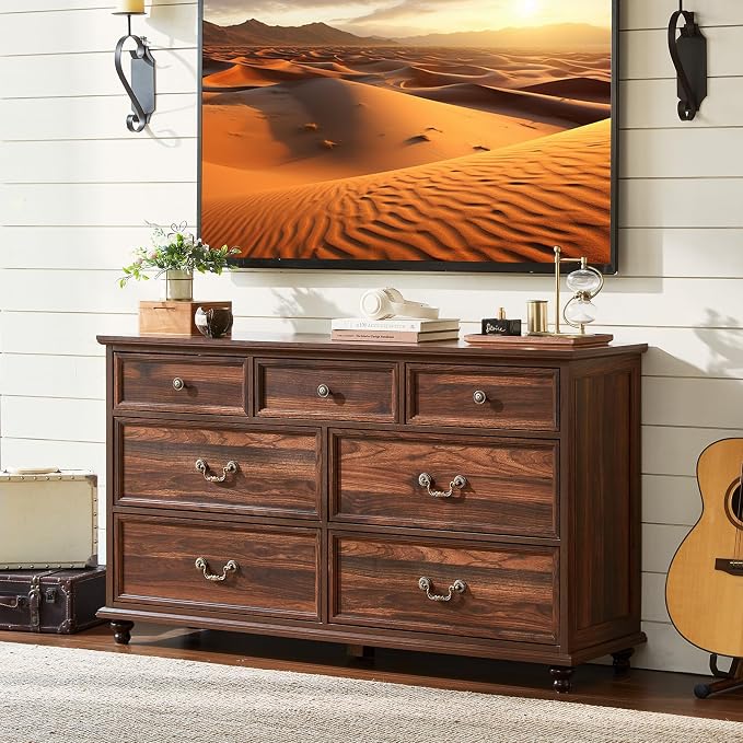 Joaxswe Farmhouse 7 Drawers Dresser for Bedroom, Brown 54 Inch Wide Chest of Drawers w/ 4 Wooden Legs, Large Vintage Rustic Closet Dressers for Living Room, Wood TV Stand with Storage Organizer - Image 9