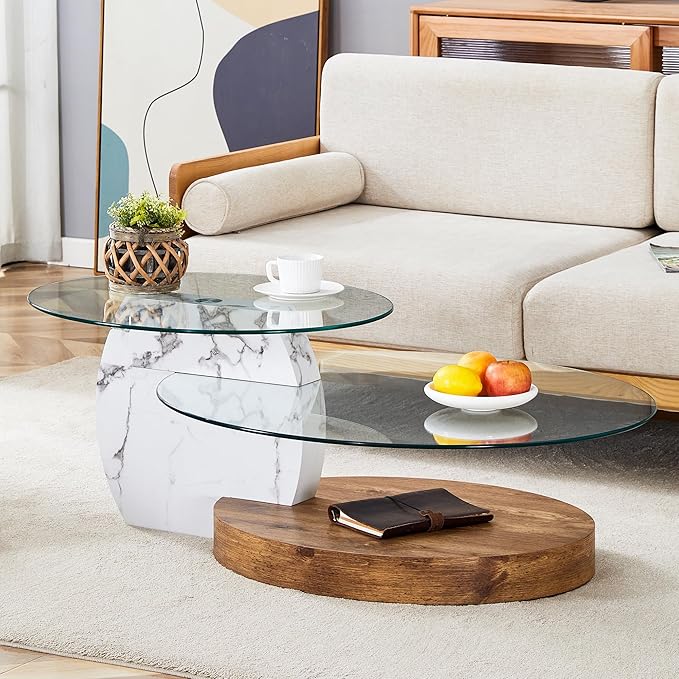 Ebullient Glass Coffee Table, 47" Oval Coffee Table, 2-Tier Glass Tabletop with Wood Base, Easy to Maintain and Assemble, Ideal for Dining Room, Living Room