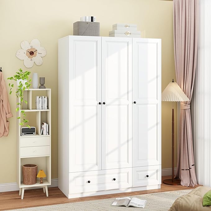 Armoire Wardrobe Closet with Drawers: 74" White Wardrobe Closet with 3 Doors, Bedroom Armoires with 2 Drawers, Wood Closets Cabinet for Hanging Clothes (White, 47")