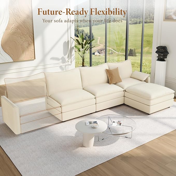 Vesgantti 108" Modular Sectional Sofa, Comfy Cloud Couch with Movable Ottoman Deep Seat Chenille L Shaped Modular Sofa, Sectional Couches for Living Room, Bedroom and Apartment, Beige White