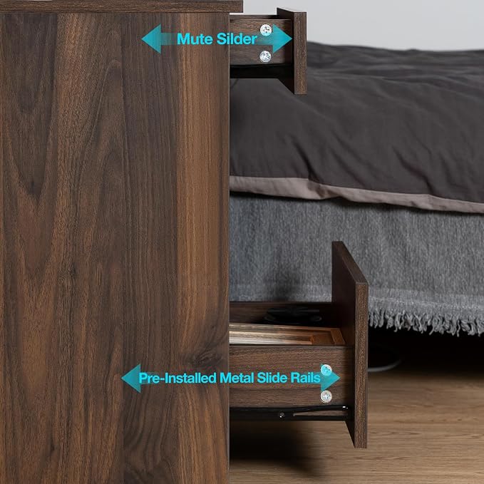 HOMMPA Set of 2 Open Shelf LED Nightstands with Charging Station Dark Walnut 2 Drawers Bedside Tables with Led Light Night Stands with Storage Smart Nightstads Wood Night Table Mid Century for Bedroom - Image 9