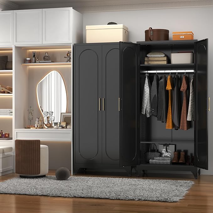 Polup Metal Armoire Wardrobe Closet with Doors and Shelves, 71" Tall Wardrobe Closet with Hanging Rod, Freestanding Clothes Cabinets, Large Wardrobes for Bedroom, Home Office, Employee, Black