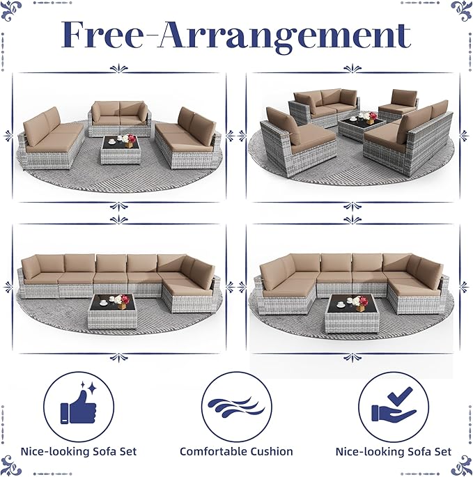 KIGOTY Patio Furniture Set,7 Pieces Modular Outdoor Sectional Sofa, PE Rattan Patio Conversation Set, All Weather Wicker Patio Furniture with Cushions and Coffee Table(Grey White/Camel)