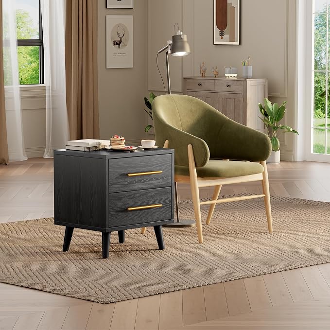 Aiho Nightstand Set of 2, Bedside Table Set for Bedroom, Wood Nightstand with Metal Handles 2 Drawer Dresser, Black Nightstand - Image 7