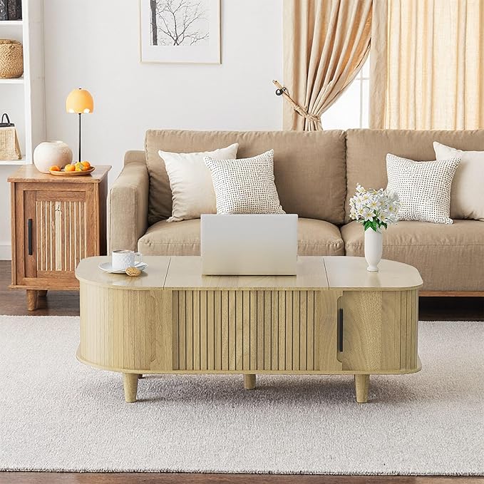 Lift Top Coffee Table, Oval Mid Century Modern Center Table with 3 Hidden Storage, 41" Coffee Tables with Sliding Door and Open Cabinet for Living Room Bedroom Office, Natural Wood