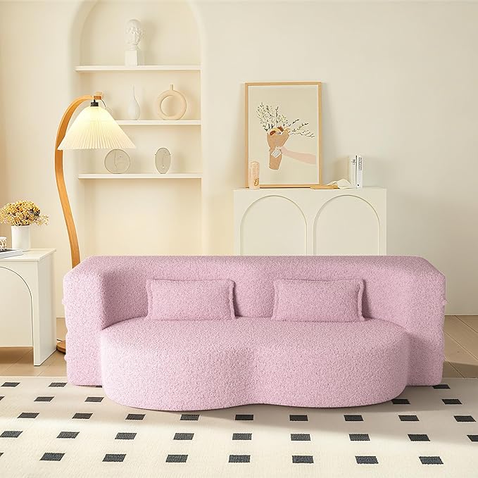 78" Convertible Sofa Bed, 2-in-1 Folding Floor Couch with 2 Pillows, Sleeper Sofa for Living Room and Bedroom, No Assembly Required (Pink, Teddy Fabric)