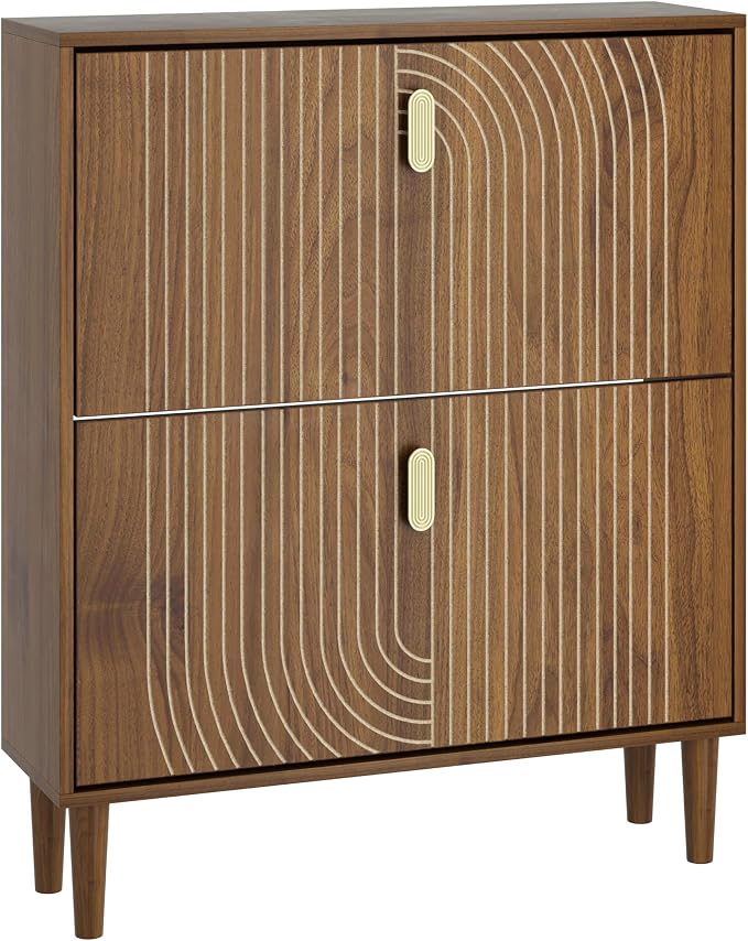 Smuxee Shoe Cabinet with 2 Flip Drawers, 31.5" Walnut Hidden Shoe Storage Cabinet with Line Groove Design, Freestanding Shoe Organizer Cabinet for Hallway, Entryway, Living Room - Image 8