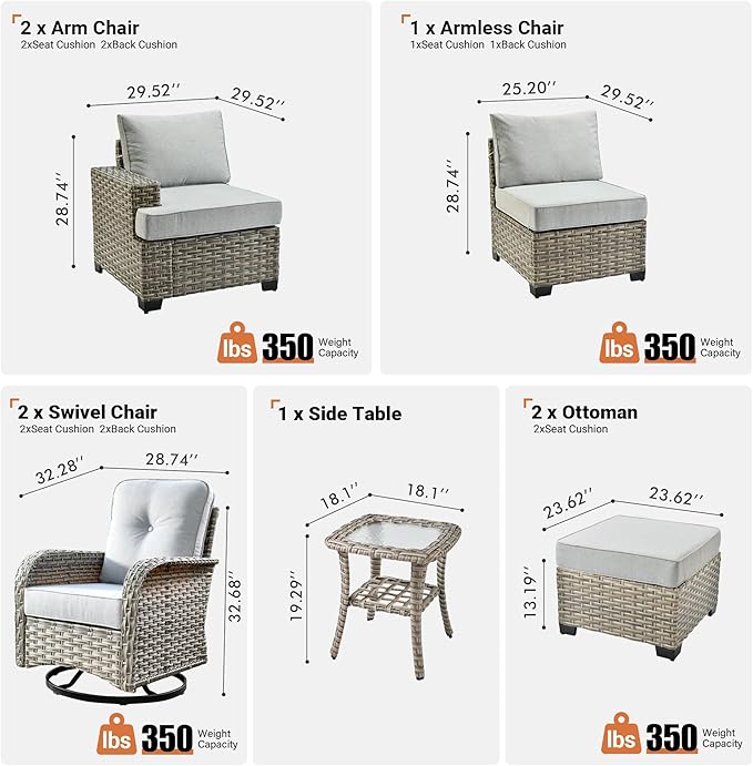 ovios 8 Piece Patio Sectional Furniture with Swivel Rocking Chairs, Rattan Wicker Coversation Set with Glowing Coffee Table, Outdoor Sofa Set for Outside Porch Balcony Backyard Pool, Light Grey