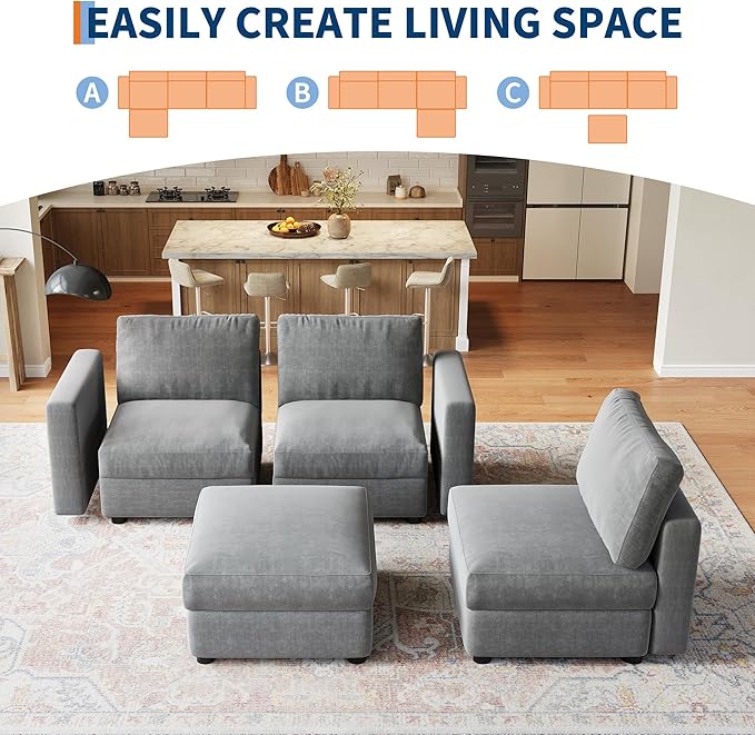 IDEALHOUSE 104" Modular Sectional Sofa, 4 Seater Sectional Couch, L-Shape Modern Sofa with Ottoman, Deep Seat, Oversized Convertible Modular Couch for Living Room Apartment Office, Chenille, Grey