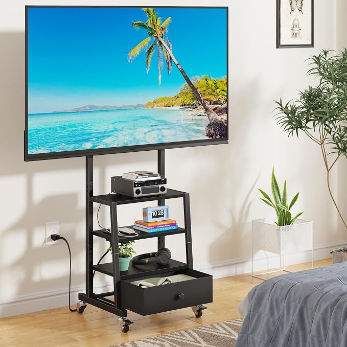 AFLUI Rolling TV Stand with Wheels and Mount & Fabric Drawer - Entertainment Center with Power Outlet and Small TV Stand for Bedroom, Living Room - 15" Black - Image 8