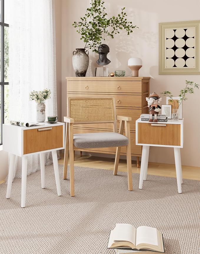 YMYNY Narrow Fluted Nightstand Set of 2, Small End Table, Modern Coffee Table with Drawer, Solid Wood Legs, Retaining Chain, for Bedroom and Small Spaces, White and Natural UHST014WN-2 - Image 8