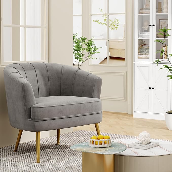 Andeworld Velvet Accent Chair, Upholstered Modern Single Sofa Side Chair,Comfy Barrel Club Living Room Armchair with Golden Metal Legs for Bedroom Living Reading Room Office, Grey