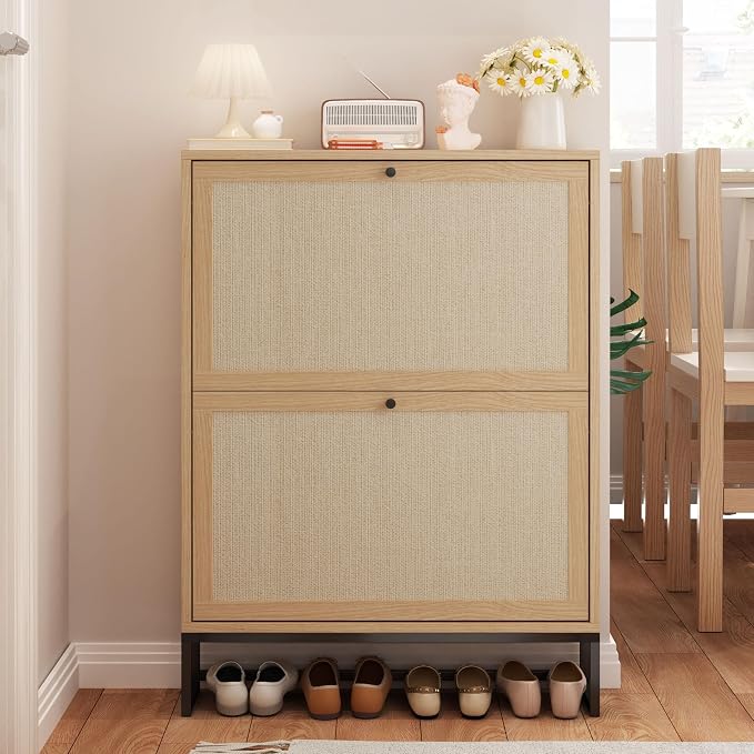 AVZEAR Narrow Shoe Storage Cabinet for Entryway with Natural Linen Panel, Freestanding Slim Shoe Cabinet with 2 Flip Drawers, Wood Shoe Organizer Closed Shoe Rack for Hallway, Living Room(Natural) - Image 9