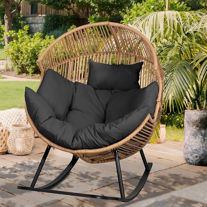 Vongrasig Wicker Egg Chair PE Rattan Rocking Chair with Cushion, Oversized Patio Lounge Rocker Chair for Outdoor, Indoor, Balcony, Backyard, Garden, Black - Image 8