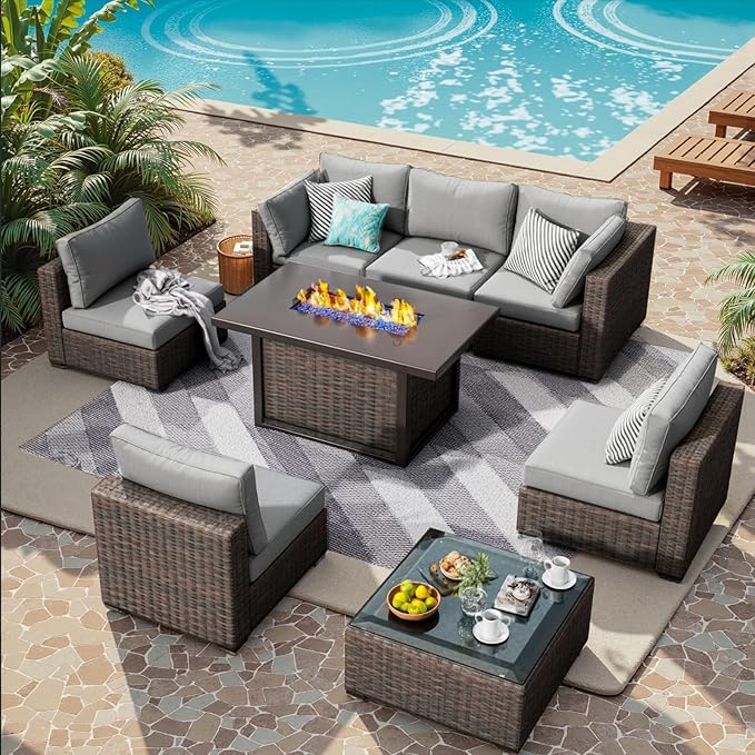 Patio Furniture Set 8 Pieces with 44" Fire Pit Table, Rattan Outdoor Sectional Conversation Sets, All Weather Outdoor Furniture Set with Cushions for Garden Lawn Balcony Porch Deck Grey