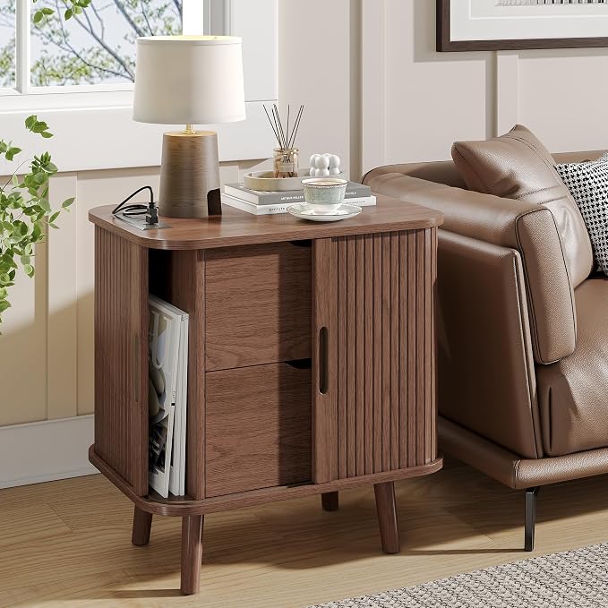 Alohappy 22.4" W Nightstands Set of 2, Mid Century Night Stands with Charging Station, Large Bedside Table with Drawers & Storage Shelf for Bedroom, Modern End Table Side Table for Home(Walnut, 2pcs) - Image 9