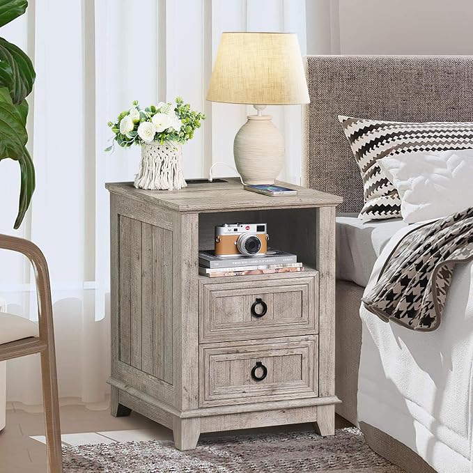 Joaxswe 18" Farmhouse Night Stand with Charging Station, 2 Drawers End Table Dresser for Bedroom, Oak Wooden Nightstand, Bed Side Table with Open Shelf, Bedside Cabinet for Living Room, Closet - Image 8