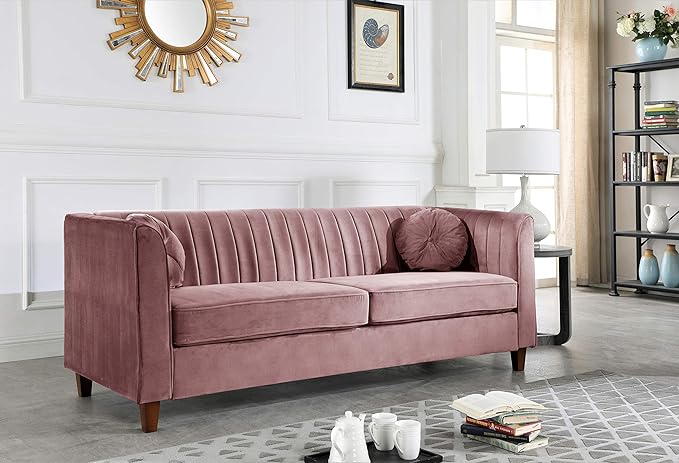 Arvilla 2 Piece Velvet Sofa Set with Bolster Pillows, Mid Century Modern Design, Chesterfield-Inspired Couch and Loveseat for Living Rooms, Natural Pink