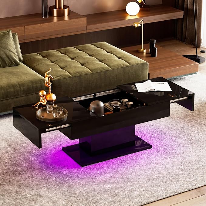 Black Modern Coffee Table with Hidden Storage for Living Room, Living Room Table Rectangular Center Tables Sliding Top with LED Lights, Wooden Cocktail Table for Reception Room