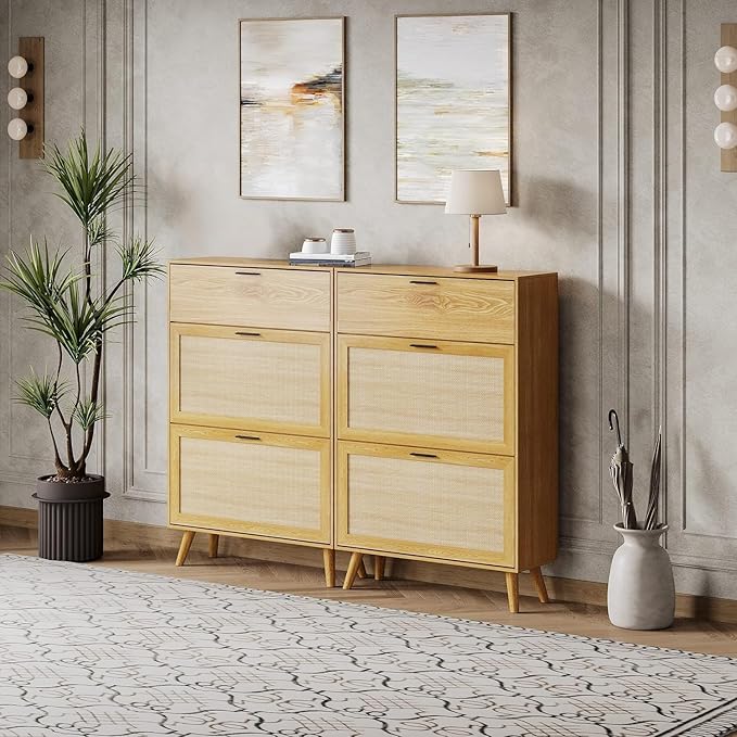 MU Natural Rattan Shoe Cabinet, Entryway Shoe Cabinet with 2 Flip Drawers and Hidden Cabinet, Boho Shoe Organizer Cabinet, Wooden Shoe Storage Cabinet for Entrance, Hallyway, Natural - Image 7