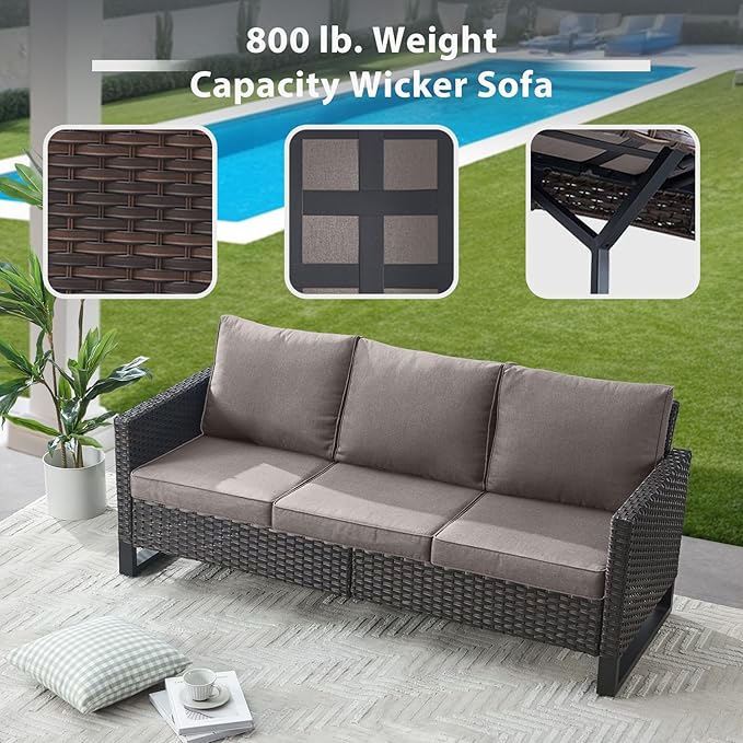 6 Piece Wicker Patio Furniture Set - Outdoor Swivel Rocker Chairs Set with Side Table, 3 Seat Sofa and Ottomans, Small Patio Conversation Sets Proch Furniture for Balcony Deck - Brown/Grey