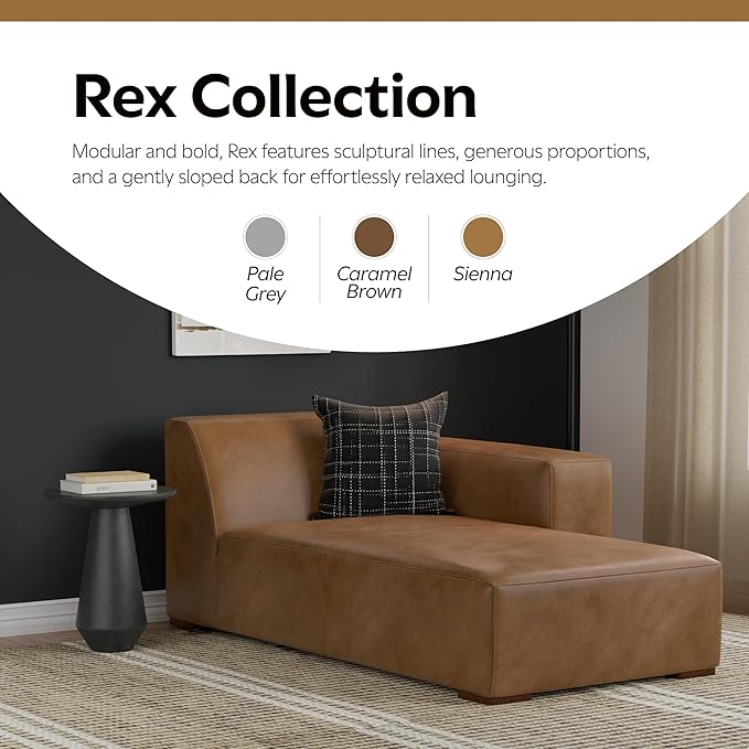SIMPLIHOME Rex Right Chaise Sofa Module in Full-Grain Genuine Leather, Caramel Brown, 44-inches W x 69.5-inches D, Handcrafted Modern-Style Right-Arm Chaise Lounge Chair for Living Room