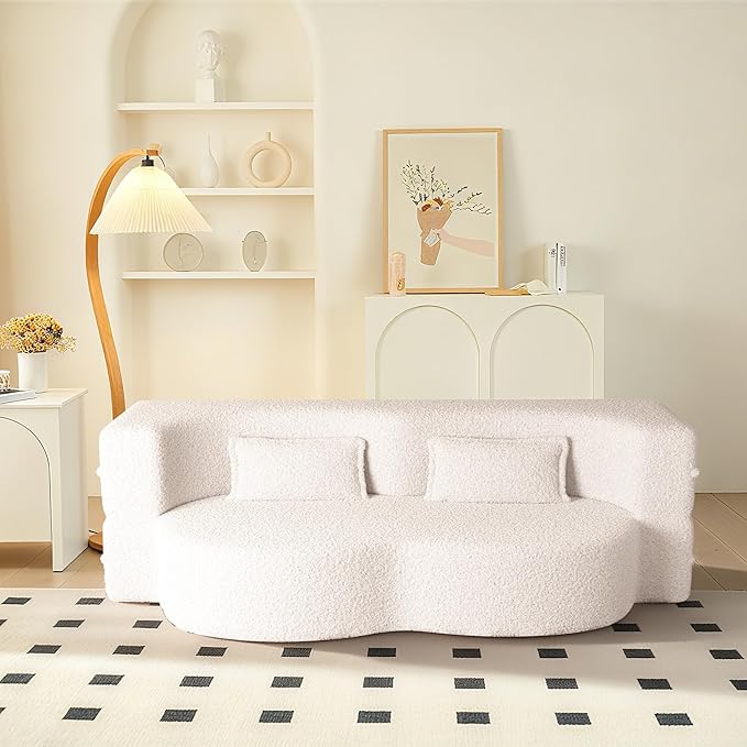 78" Convertible Sofa Bed, 2-in-1 Folding Floor Couch with 2 Pillows, Sleeper Sofa for Living Room and Bedroom, No Assembly Required (Beige, Teddy Fabric)