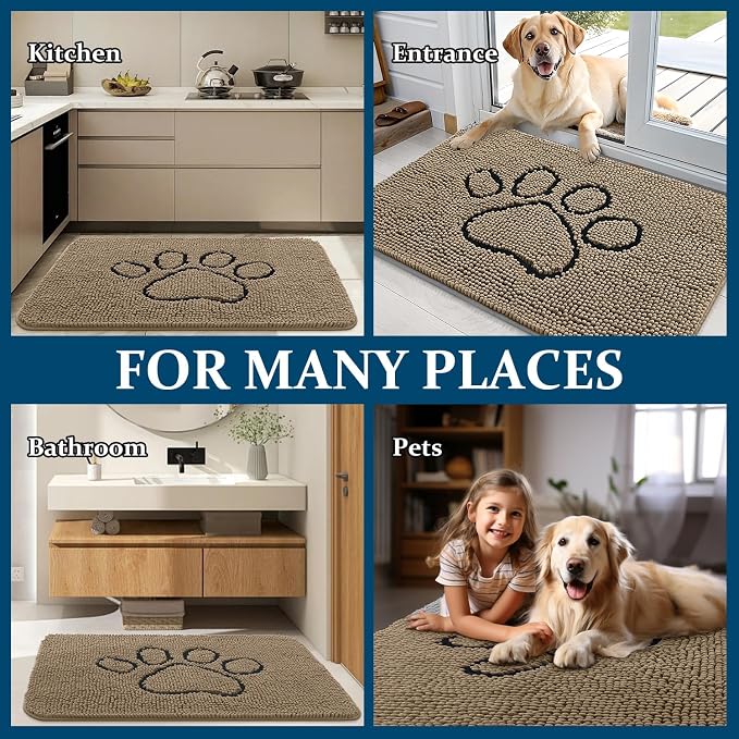 OLANLY Dog Door Mat for Muddy Paws 70x24, Paw Print Design, Absorbs Moisture and Dirt, Absorbent Non-Slip Washable Doormat, Quick Dry Chenille Mud Mat for Dogs, Entry Indoor Entryway Carpet, Tan - Image 8