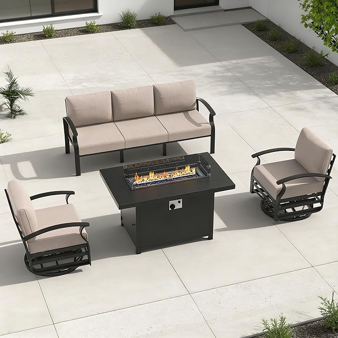 Aluminum Outdoor Patio Furniture Set,4 Pieces 5 Seats Patio Conversation Sets with 45" Propane Fire Pit Table,Metal Patio Sectional Furniture Set with 2 Swivel Rocking Chairs,Sand