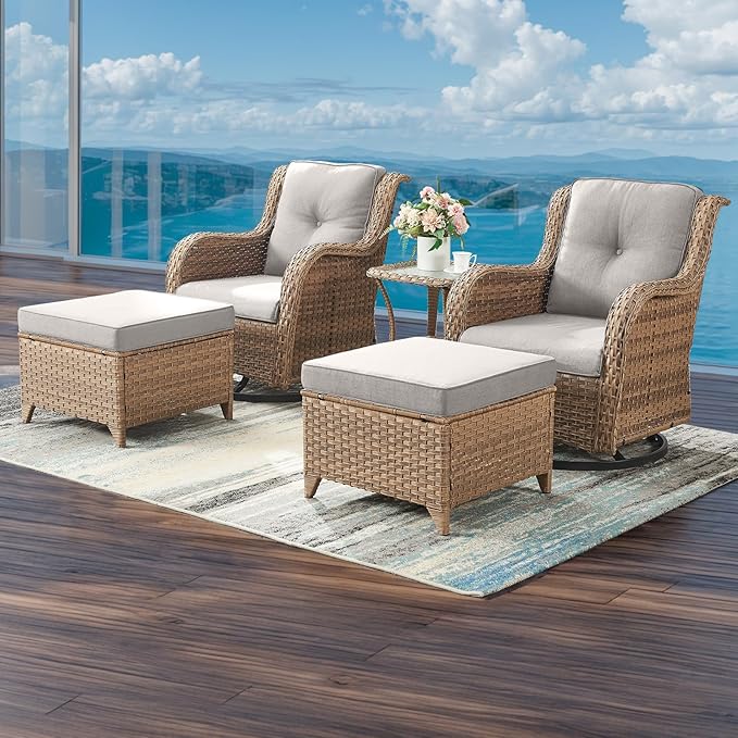 Rilyson Patio Furniture Swivel Chairs Set - 5 Piece Rattan Wicker Outdoor Sectional Conversation Sets with 2 Swivel Rocking Chairs,2 Ottomans and 1 Side Table for Porch Deck Garden(Yellow/Beige)