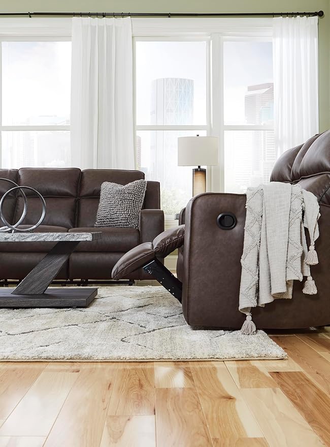 Signature Design by Ashley Lavenhorne Modern Faux Leather Manual Reclining Loveseat with Console and Cup Holders, Dark Brown
