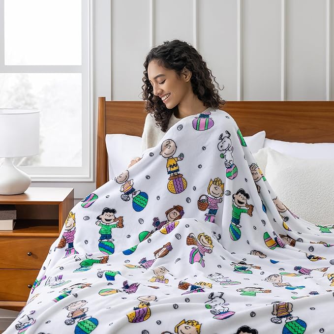 Berkshire Peanuts® VelvetLoft® Cute Character Snoopy Plush Blanket,Easter Gang 2025 White,Twin 60 in x 90 in (Official Peanuts® Product)