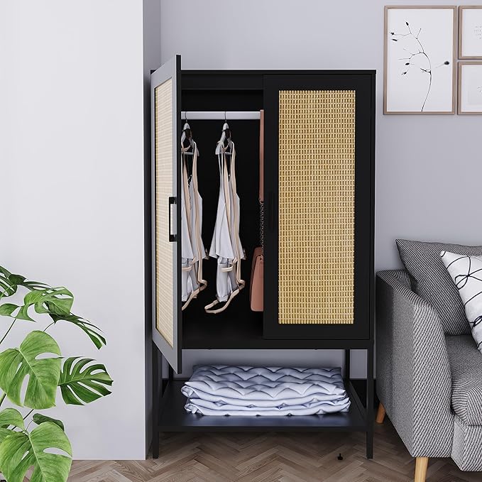 Wardrobe Closet,Rattan Bedroom Armoires with 2 Doors,Wooden Wardrobe Cabinet with Shelves and Hanging Rod for Clothes,Black