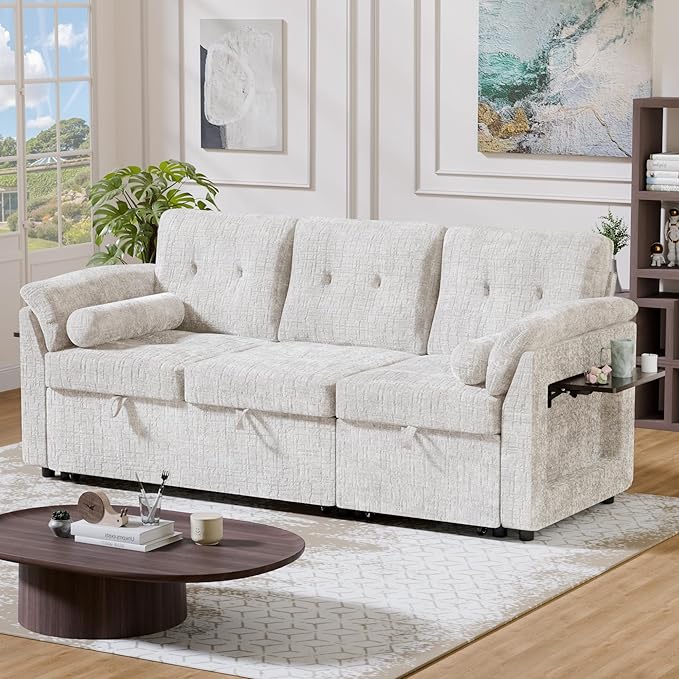 Convertible Queen Sofa Bed, 63 Inch Chenille Pull Out Couch with Side Table, 3 Seat Pull Out Sofa Bed with Level Adjustable Backrest, Comfy Sleeper Sofas for Living Room, Apartment, Beige